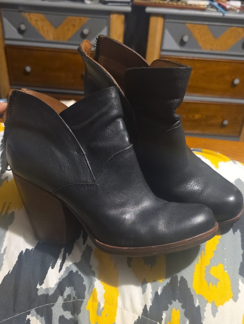 Kork-Ease Black Leather Ankle Booties with Brown Wood-Look Heel